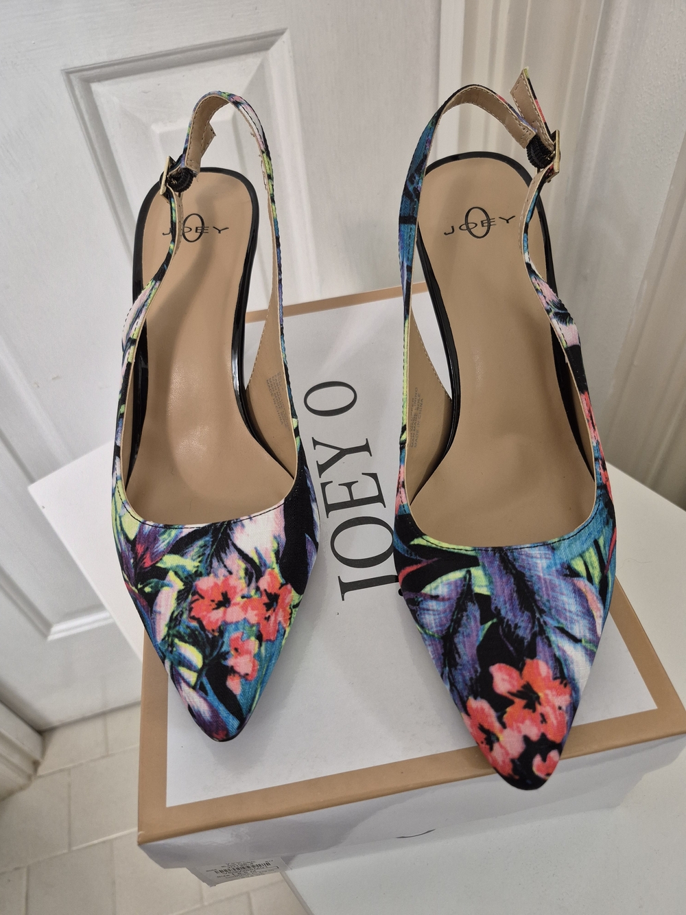 Joey Floral Pointed Slingback Heels in Black with Pink and Blue Floral Print